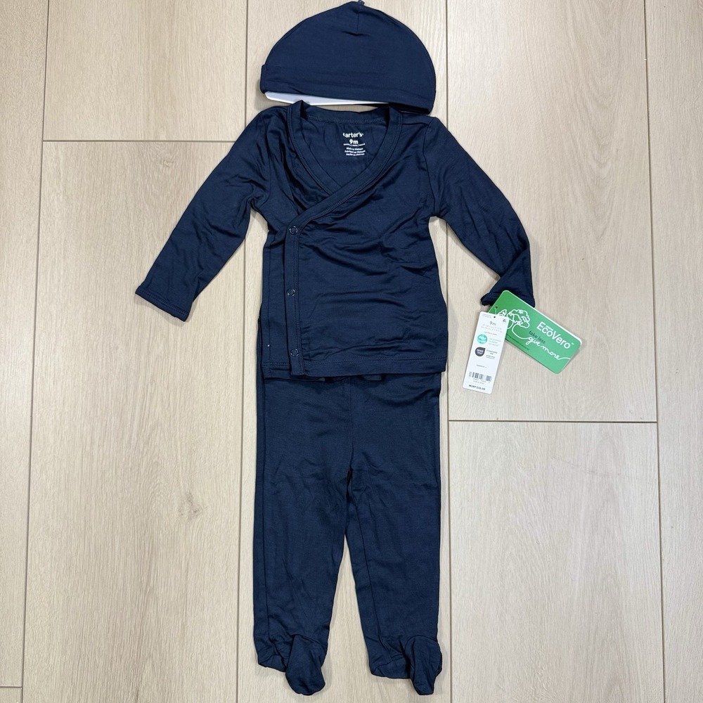 Carter's 3-Piece Baby Outfit 9M Dark Gray Wrap Top Pants Hat Set LENZING ECOVERO